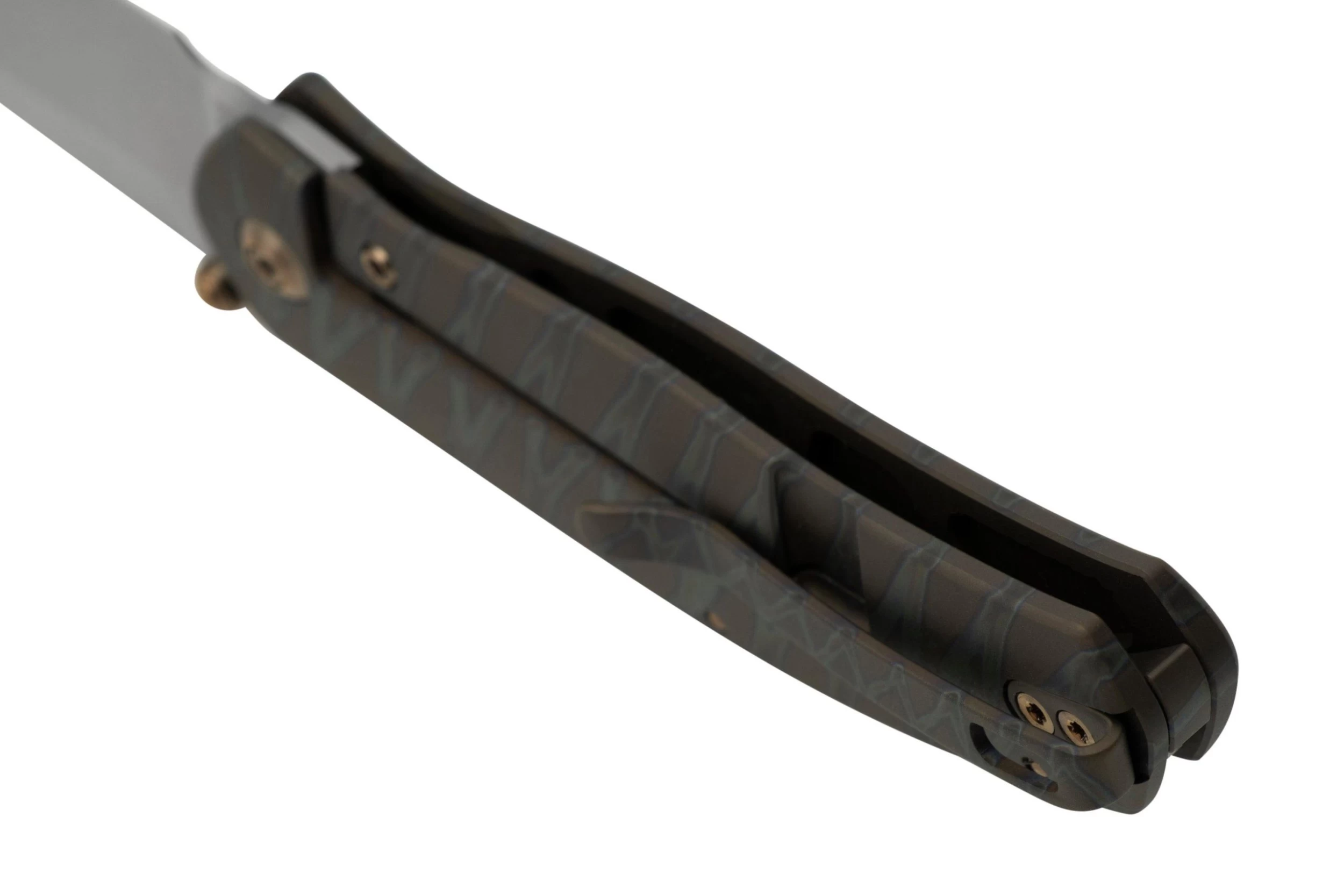 WE Knife Esprit 20025B-B Bead Blasted, Tiger Stripe Pattern Flamed Titanium Navaja, Ray Laconico Design - Imagen 4