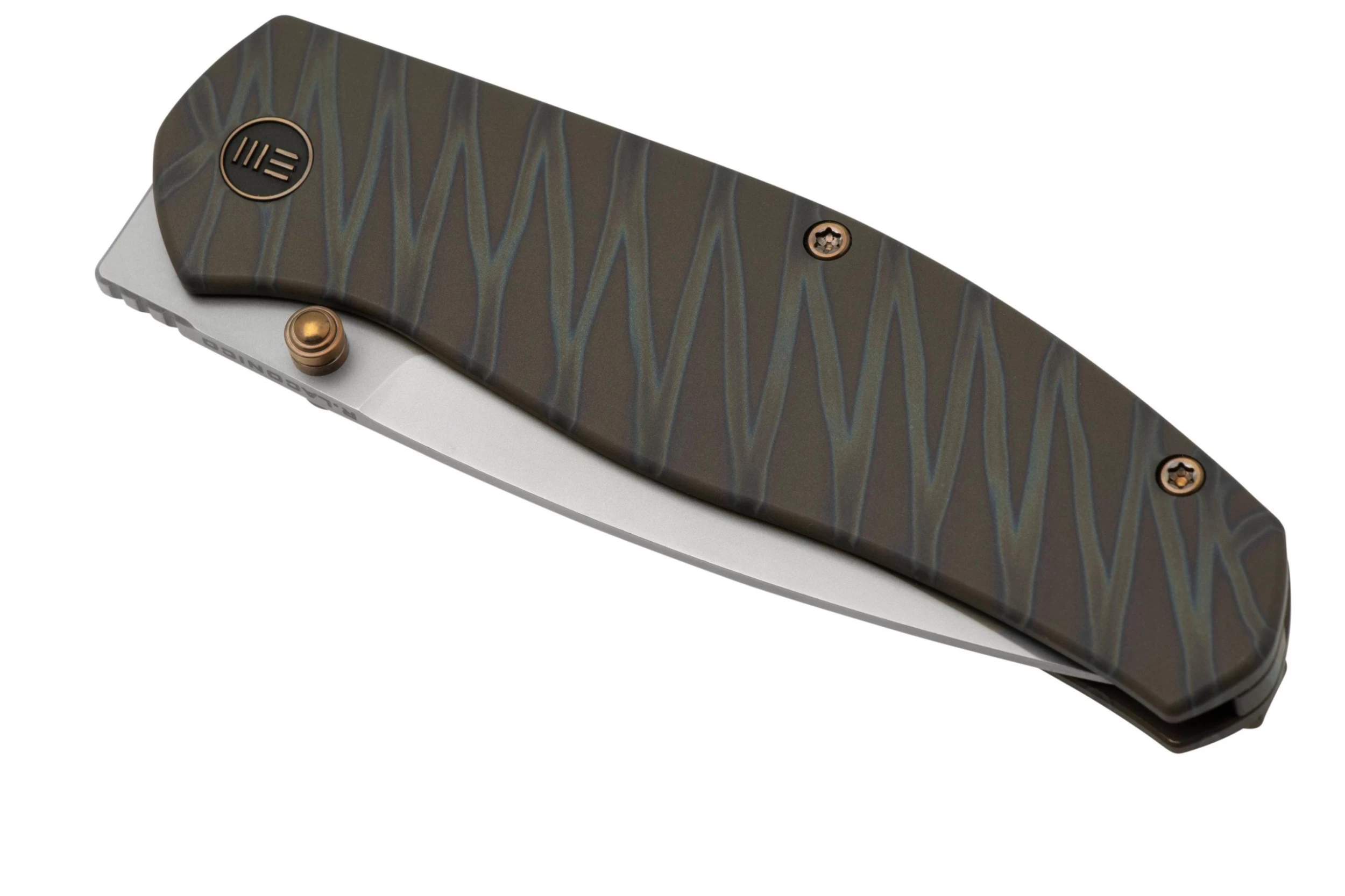 WE Knife Esprit 20025B-B Bead Blasted, Tiger Stripe Pattern Flamed Titanium Navaja, Ray Laconico Design - Imagen 6