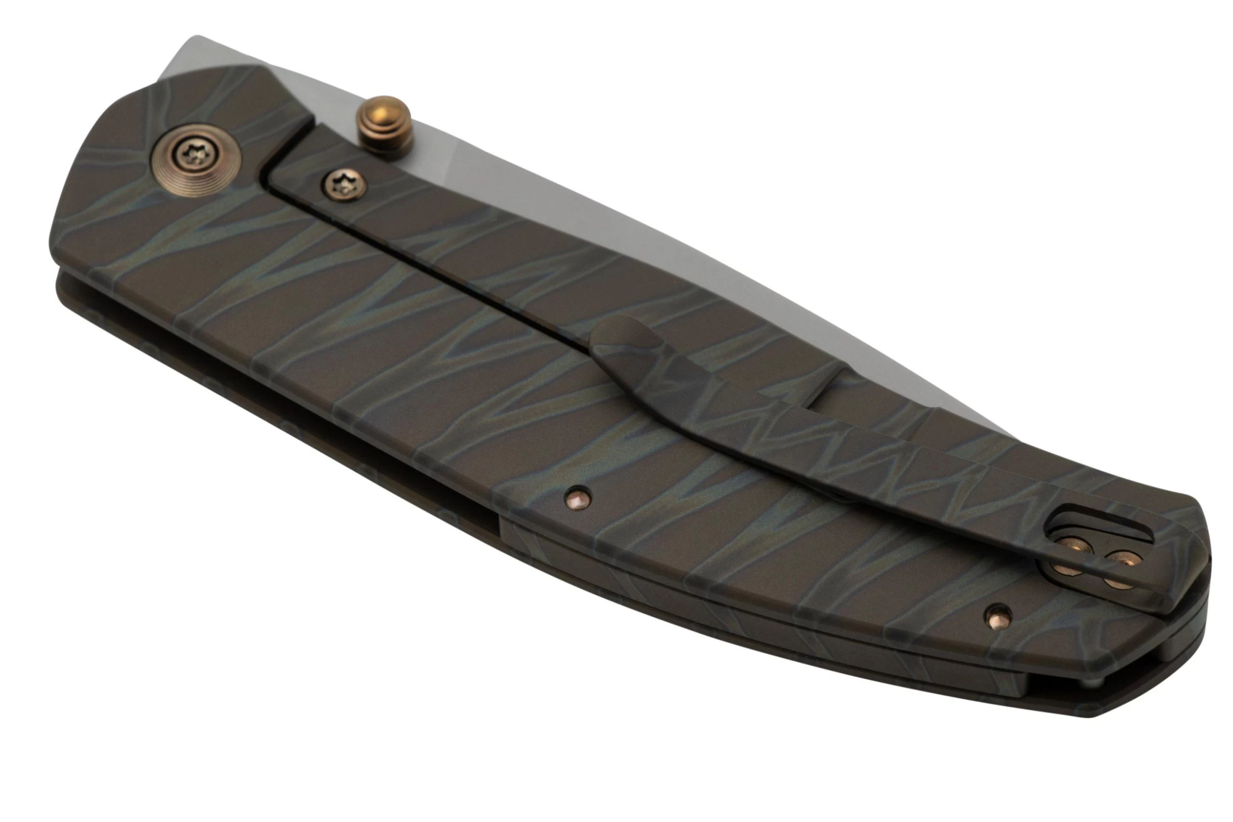 WE Knife Esprit 20025B-B Bead Blasted, Tiger Stripe Pattern Flamed Titanium Navaja, Ray Laconico Design - Imagen 7