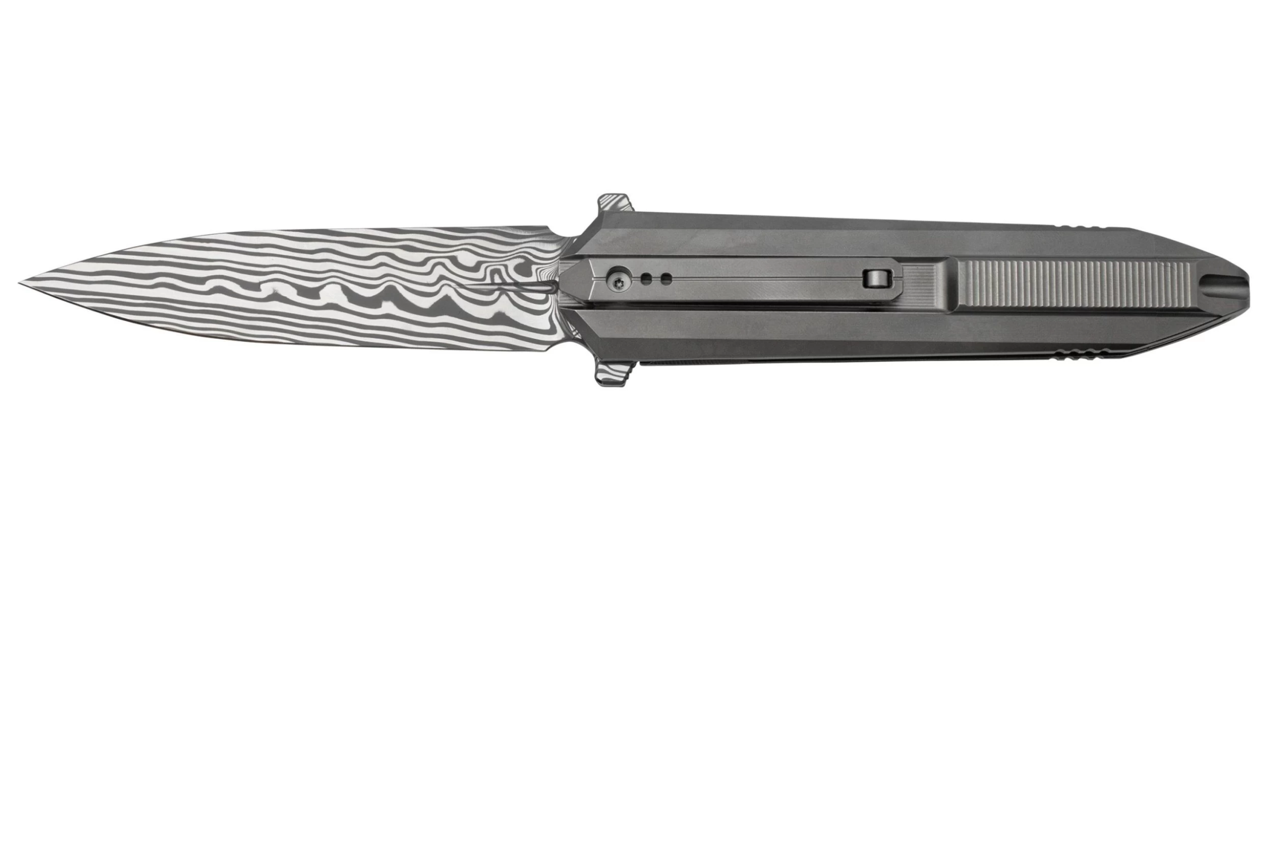 WE Knife Diatomic WE22032-DS1 Gray Bead Blast Titanium, Hakkapella Damasteel Single Edge Navaja