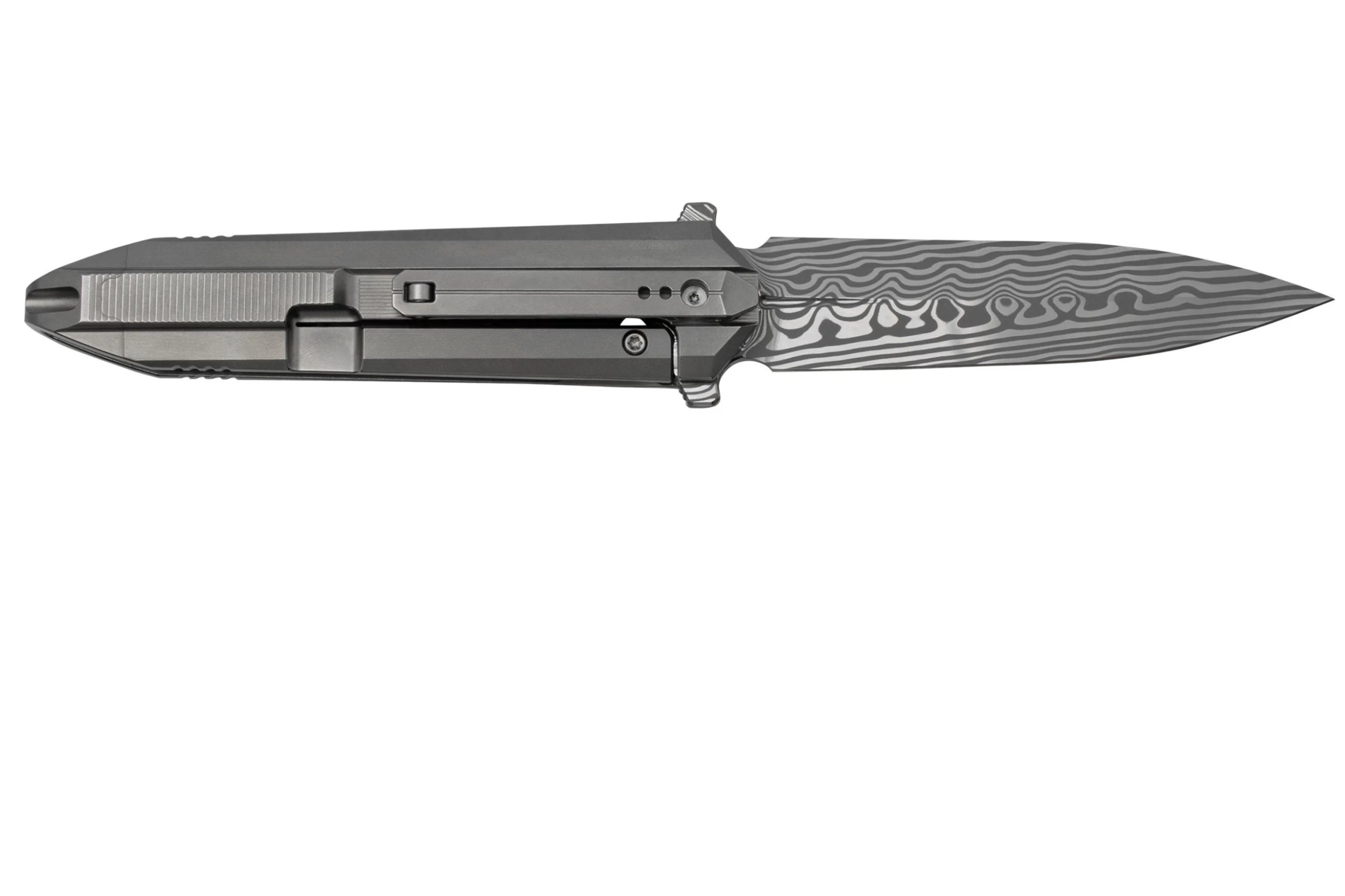 WE Knife Diatomic WE22032-DS1 Gray Bead Blast Titanium, Hakkapella Damasteel Single Edge Navaja - Imagen 2